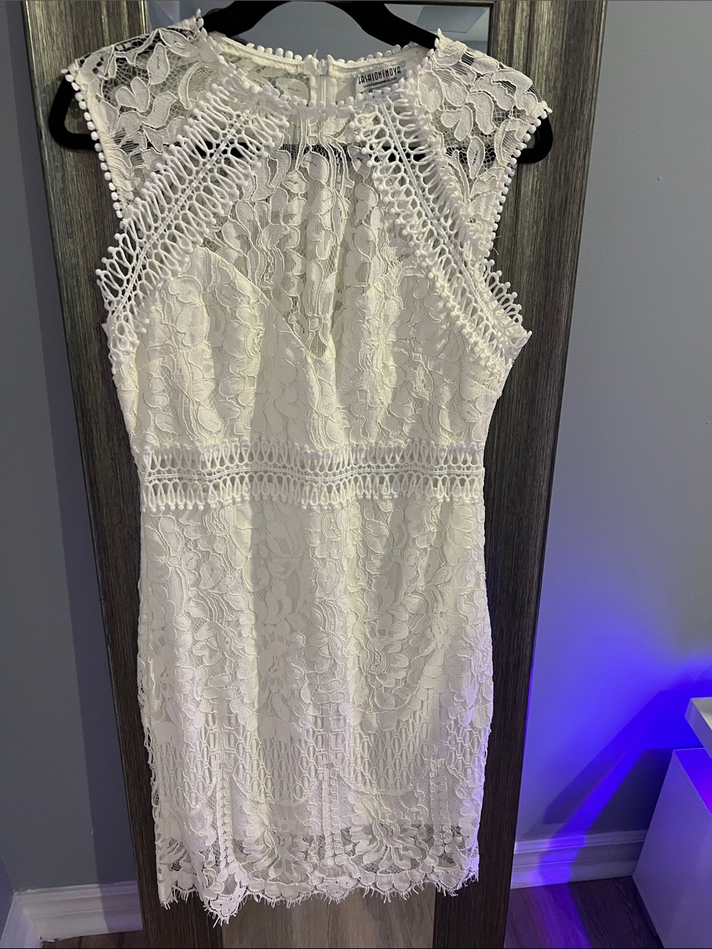 Fashion Nova White Lace Midi Dress with Crochet Accents